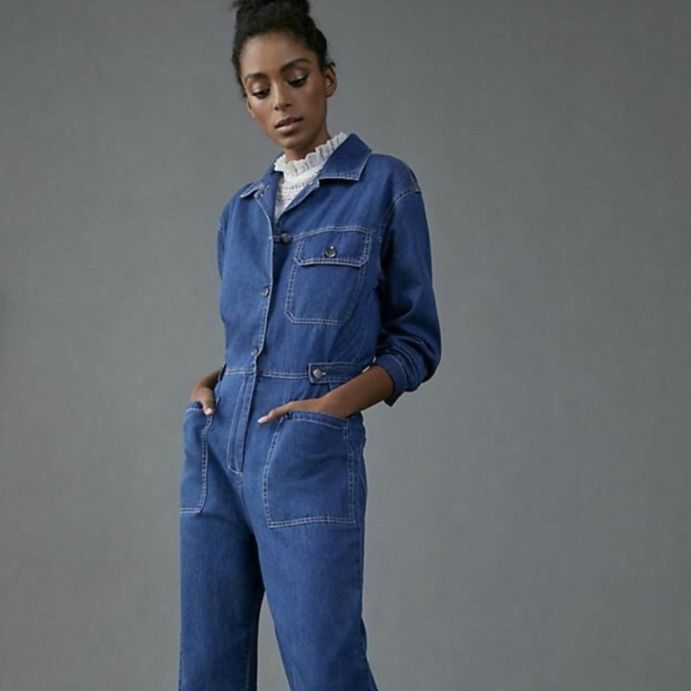 Anthropologie x Mare Mare | Aya Denim Utility Jumpsuit Large Blue Cotton